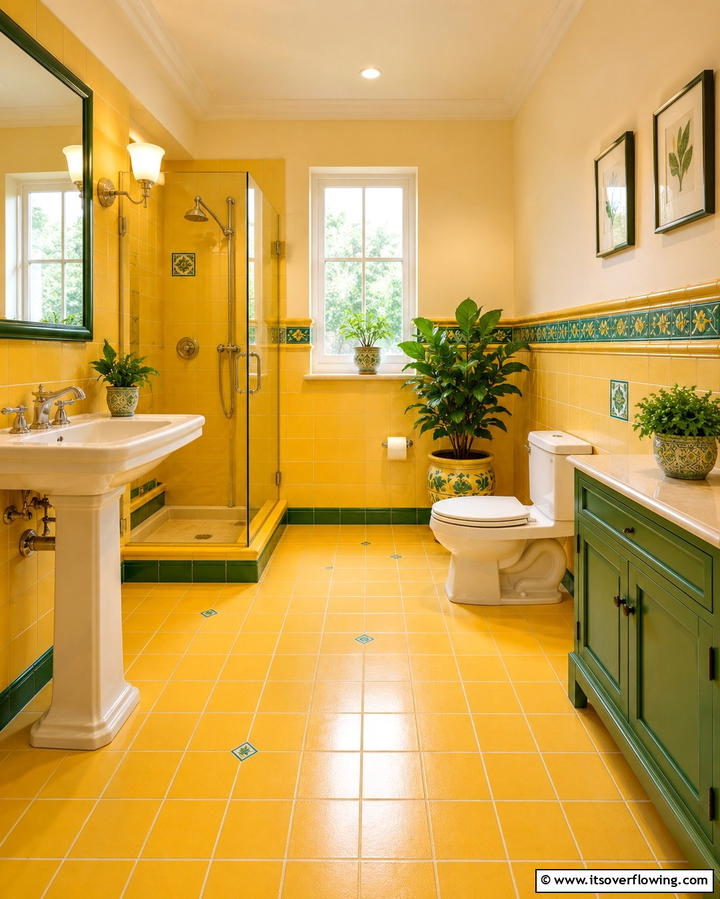 Yellow Tiles with Green Accents - 20 Yellow and Green Bathroom Ideas for a Fresh Look