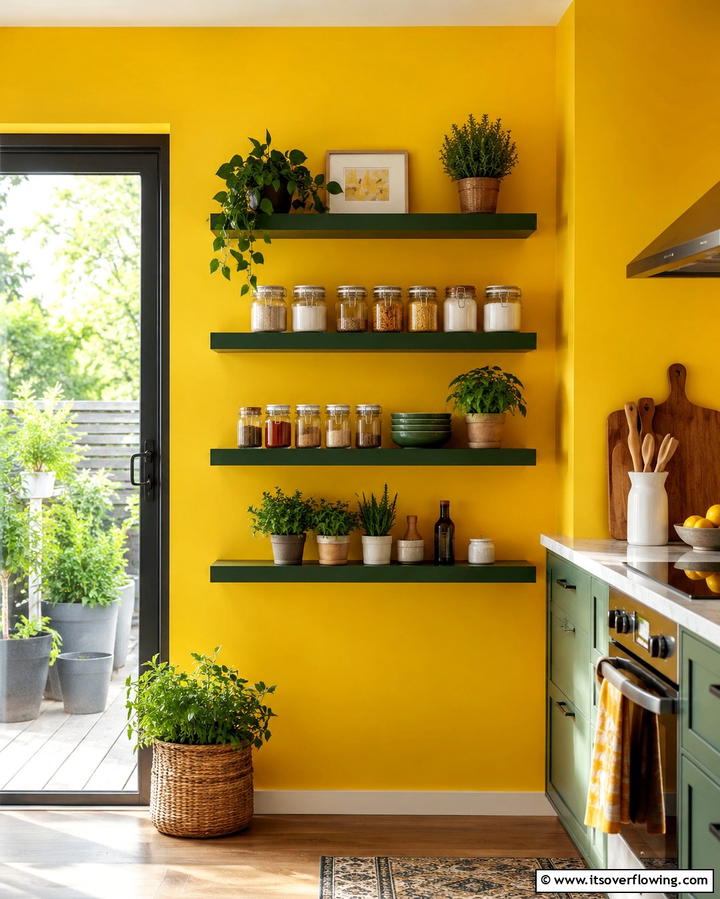 Yellow Walls with Green Shelving - 25 Green and Yellow Kitchen Ideas for Freshness