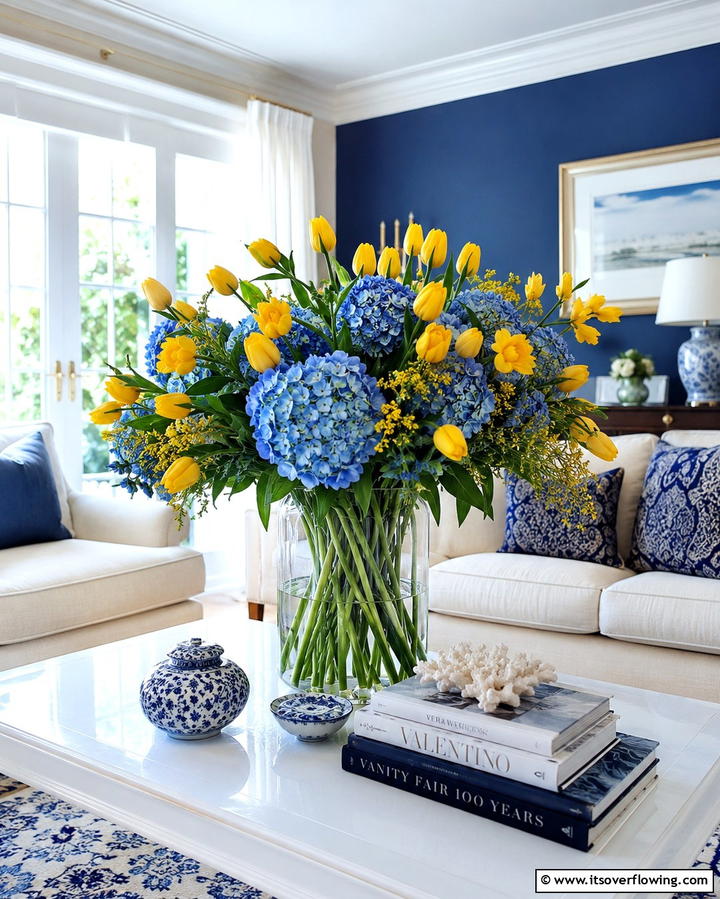 Yellow and Blue Floral Arrangements - 25 Yellow and Blue Living Room Ideas for a Fresh Look