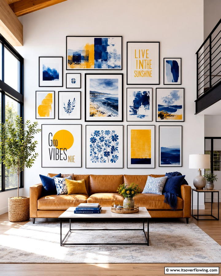 Yellow and Blue Gallery Wall - 25 Yellow and Blue Living Room Ideas for a Fresh Look