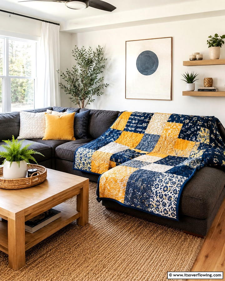 Yellow and Blue Patchwork Throws - 25 Yellow and Blue Living Room Ideas for a Fresh Look