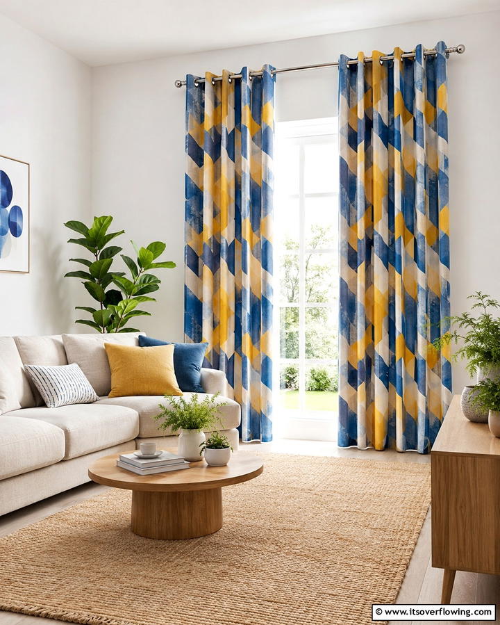 Yellow and Blue Printed Curtains - 25 Yellow and Blue Living Room Ideas for a Fresh Look