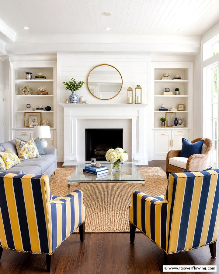 Yellow and Blue Striped Upholstery - 25 Yellow and Blue Living Room Ideas for a Fresh Look