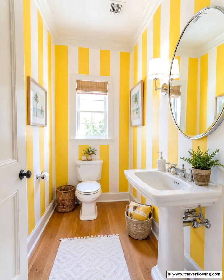 Yellow and White Striped Walls - 30 Cheerful Yellow Bathroom Decor Ideas for 2024