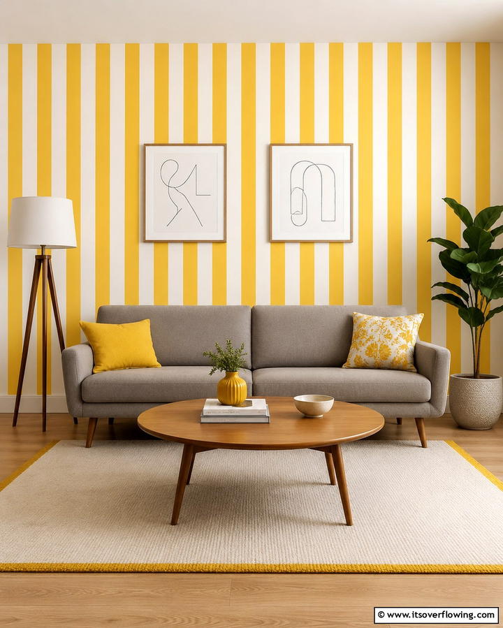 Yellow and White Stripes for a Playful Look - 25 Yellow Living Room Ideas to Brighten Your Home