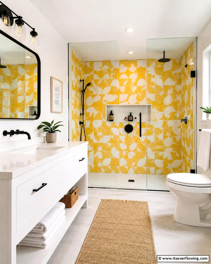 Yellow and White Tile Patterns - 30 Cheerful Yellow Bathroom Decor Ideas for 2024