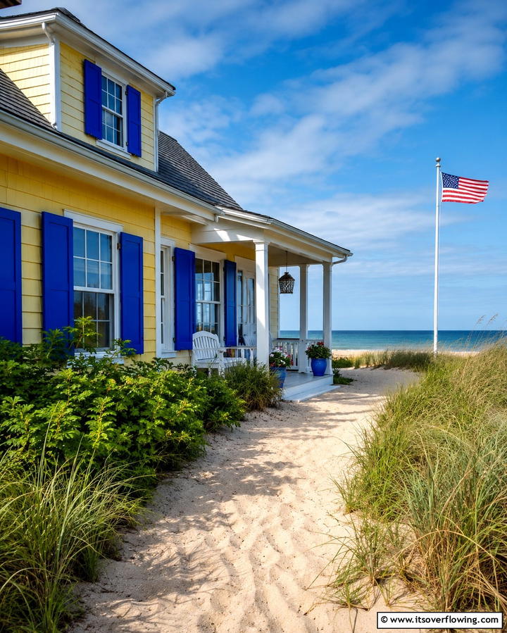 Yellow with Contrasting Red Door - 25 Yellow Exterior Home Ideas for a Bright Look
