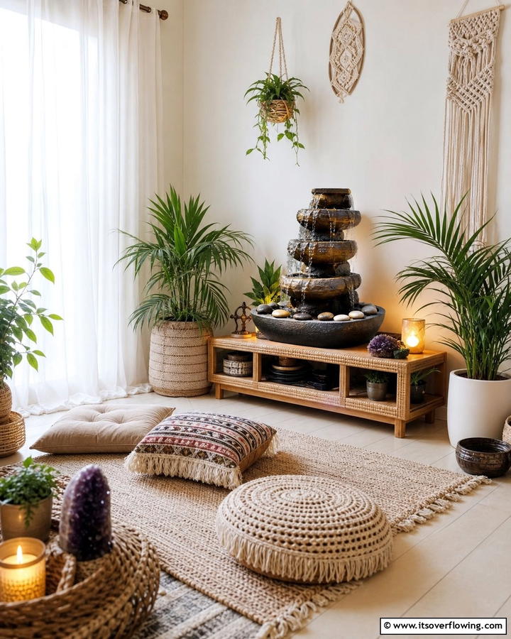 Zen Fountains for Tranquil Sounds - 20 Boho Meditation Room Ideas- Tranquil Retreats