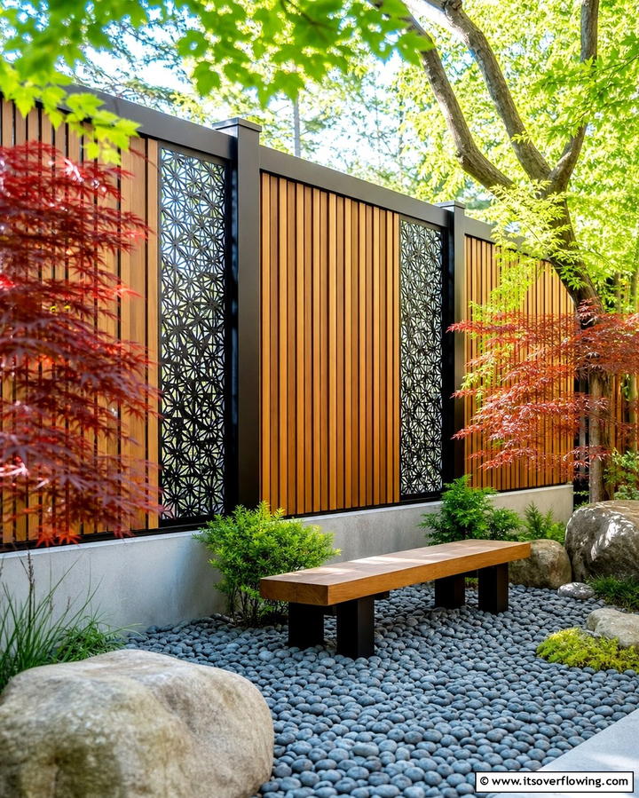 Zen Inspiration with Wooden Slats and Metal Screens - 25 Metal and Wood Fence Ideas for Durable Boundaries