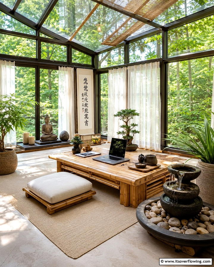 Zen Inspired Office - 20 Sunroom Office Ideas for a Productive Workspace
