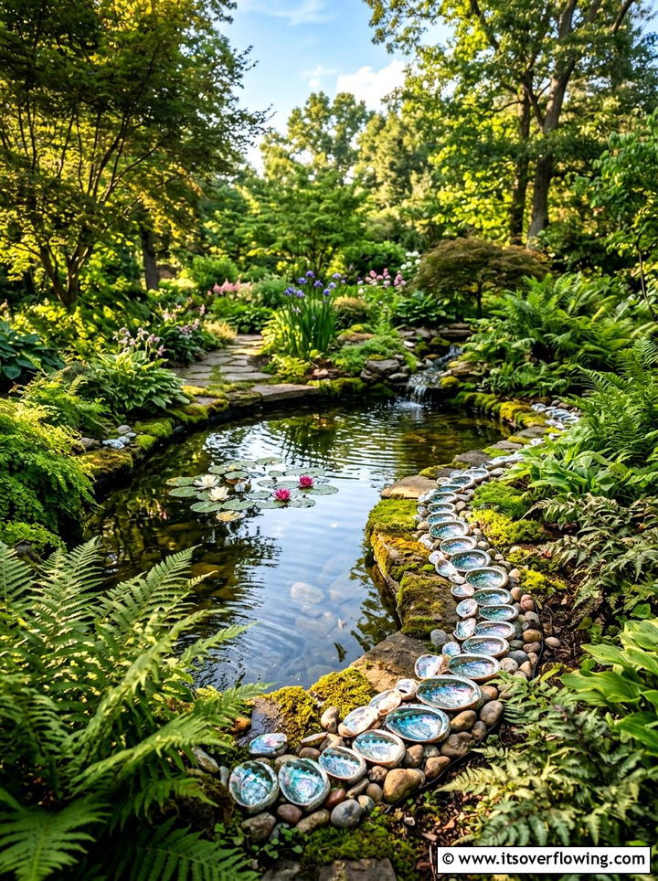 Abalone shell border for small garden ponds - 25 garden ideas with shell borders