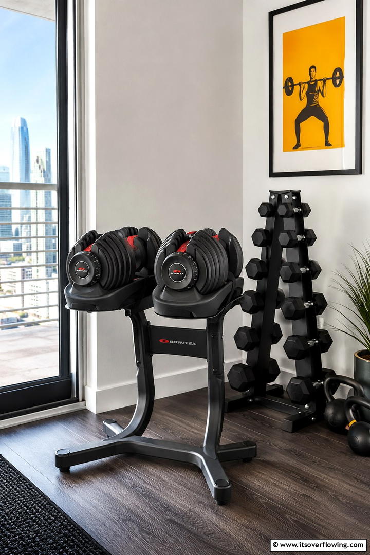 Adjustable Dumbbell Station - 30 Small Home Gym Ideas for Compact Fitness Spaces