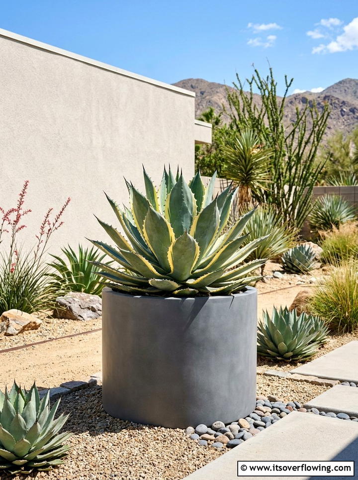 Agave plants in modern porch pots - 25 front porch ideas with sun loving plants