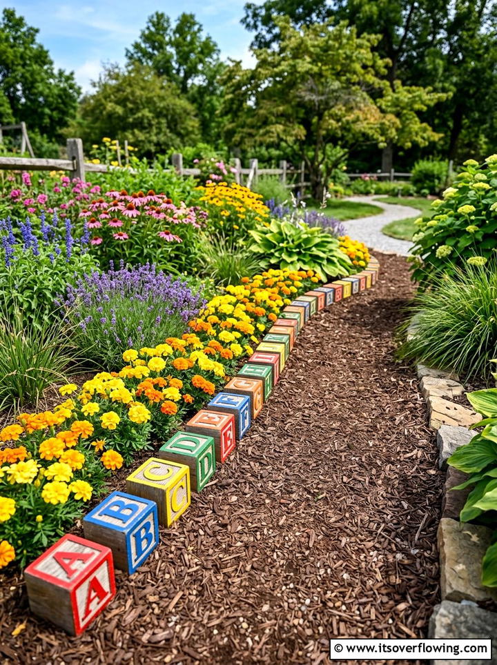 Alphabet block garden border - 25 recycled garden ideas with old toys
