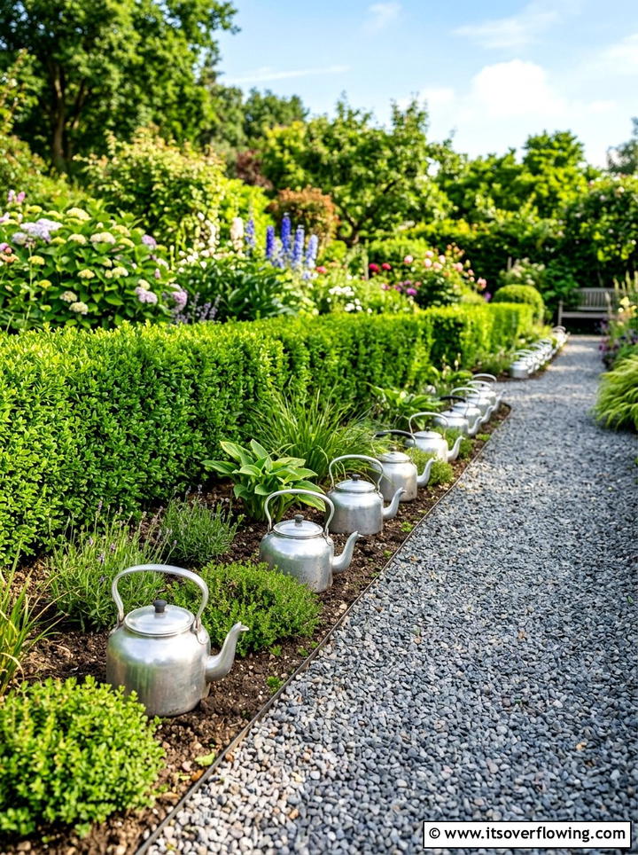 Aluminum kettle garden border - 25 upcycled garden ideas with old kettles