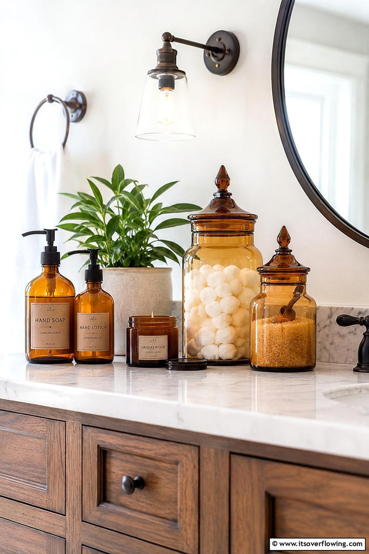 Amber Glass Containers - 50 Fall Bathroom Decor Ideas Roundup- Timeless Tips