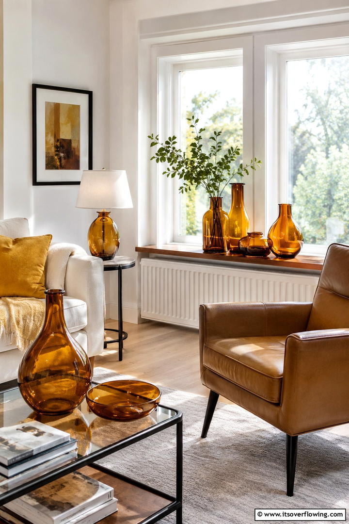 Amber Glass Decor - 50 Living Room Fall Decor Ideas for Cozy Autumn Updates