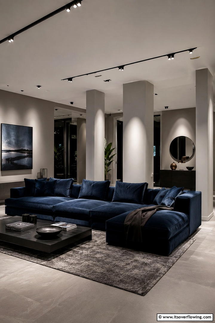Ambient Lighting in Grey Spaces - 30 Navy Blue and Grey Living Room Ideas for Sophisticated Style