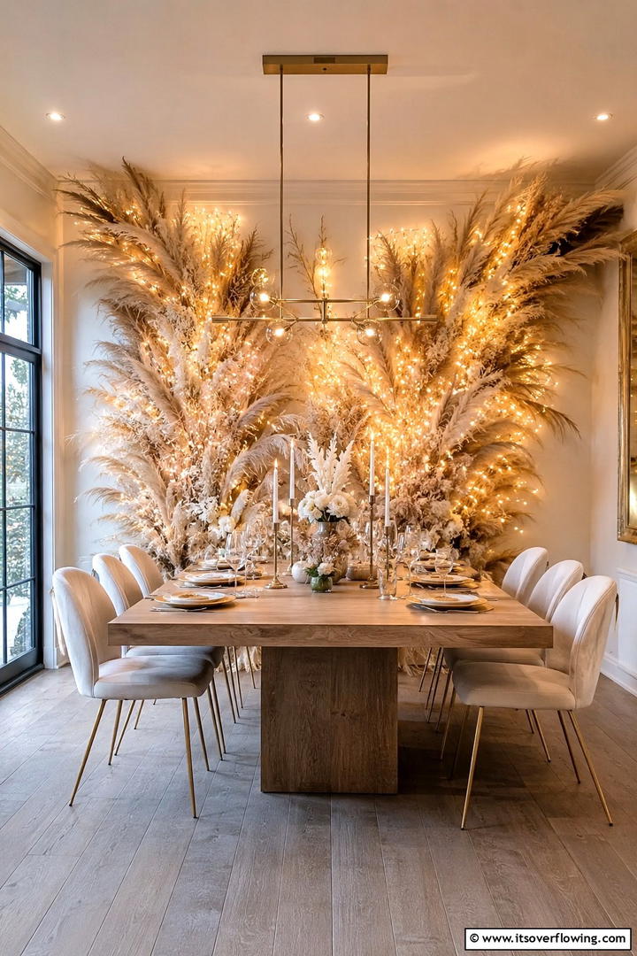 Ambient Pampas and Fairy Light Mix - 30 Pampas Grass Wedding Decor Ideas for Boho Chic Vibes