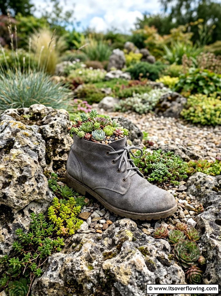Ankle Boot Rock Garden Detail - 25 upcycled garden ideas with old boots