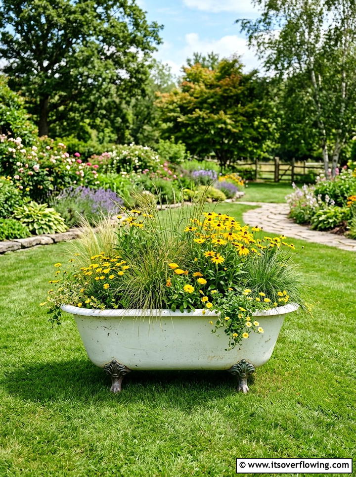 Antique Bathtub Flower Bed - 25 backyard ideas with upcycled decor