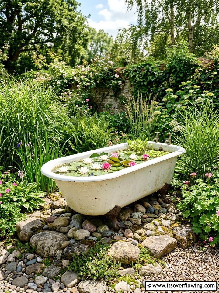 Antique Bathtub Pond - 25 recycled garden ideas for backyard decor