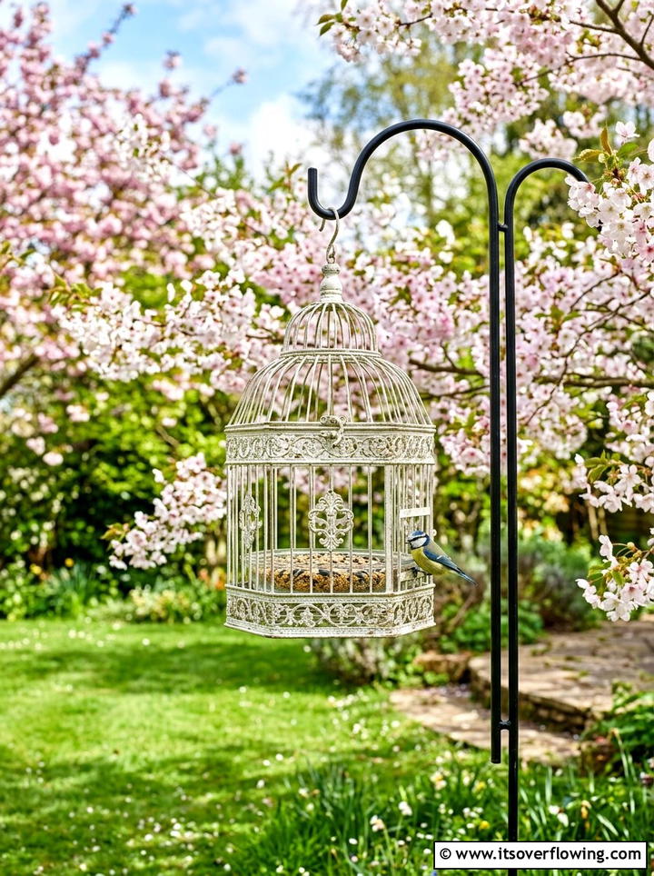 Antique Bird Cage Bird Feeder - 25 upcycled garden ideas with bird feeders