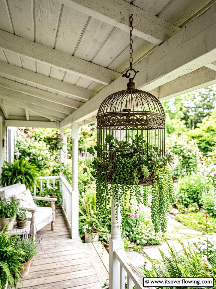 Antique Bird Cage Planter - 25 reusing old things ideas for seasonal garden decor