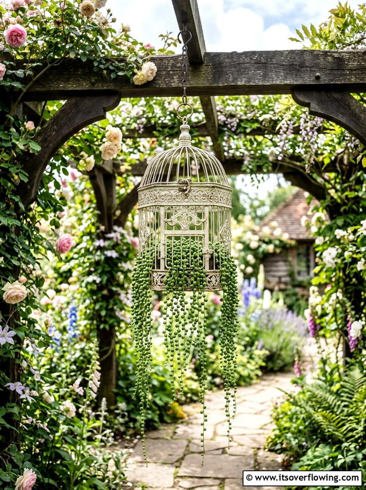 Antique Birdcage Hanging - 25 backyard ideas with vintage planters