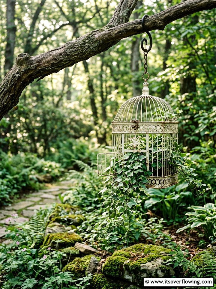 Antique Birdcage Ivy Holder - 25 upcycled garden ideas for shaded spaces