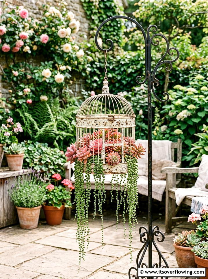 Antique Birdcage Planter - 25 upcycled garden ideas with succulent planters
