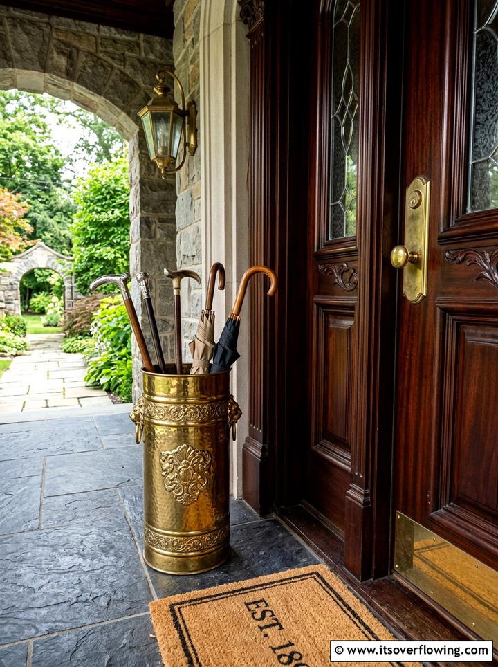 Antique Brass Umbrella Bucket - 25 front porch ideas with umbrella stand
