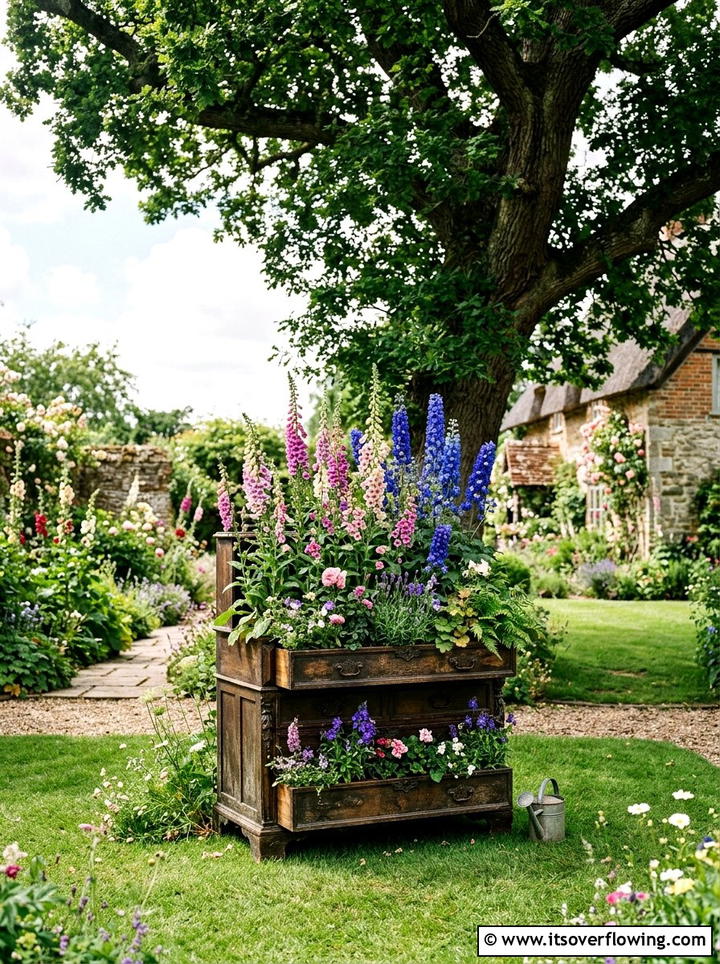 Antique Bureau Flower Bed - 25 recycled garden ideas with old drawers