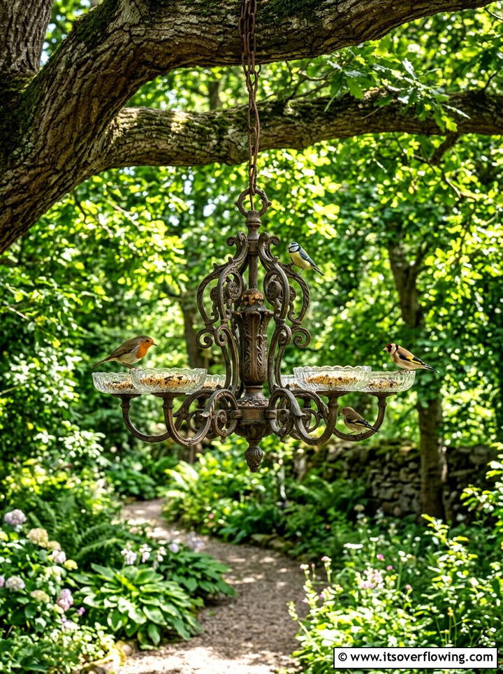 Antique Chandelier Bird Station - 25 upcycled garden ideas with bird feeders