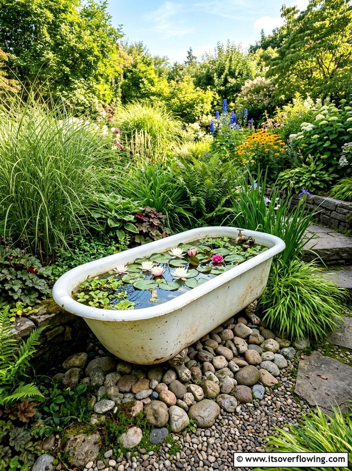Antique Clawfoot Bathtub Pond - 25 upcycled garden ideas with cottage style
