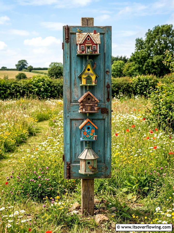 Antique Door Birdhouse Stand - 25 backyard decorating ideas with old door decor