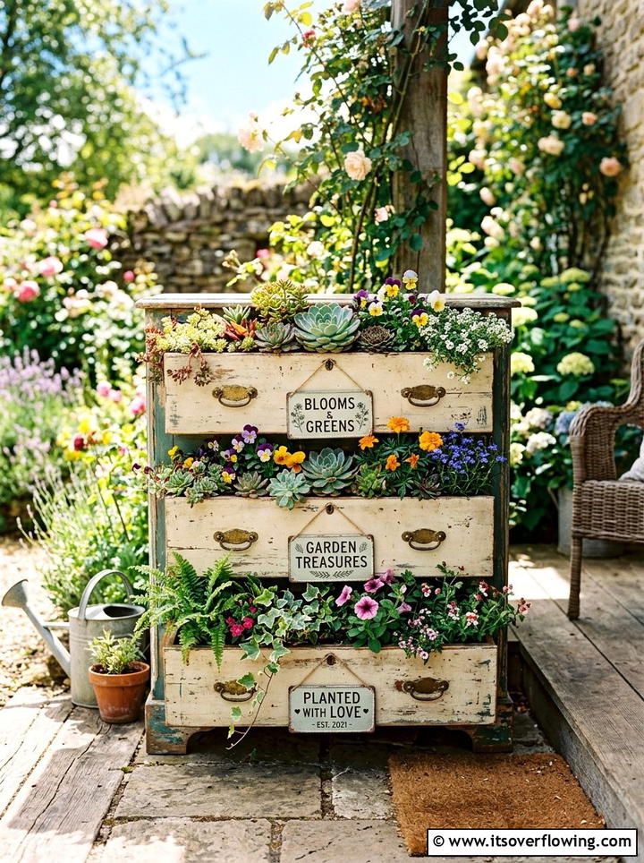 Antique Drawer Garden - 25 upcycled garden ideas with garden signs