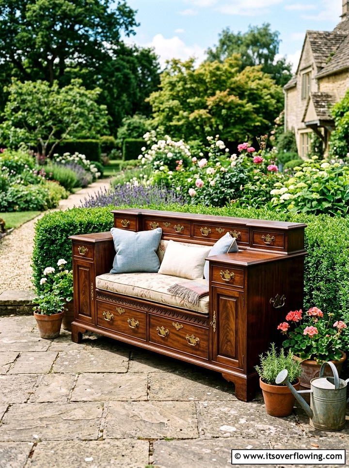 Antique Dresser Garden Bench - 25 upcycled garden ideas with garden benches