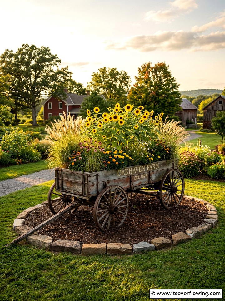 Antique Farm Wagon Flower Bed - 25 upcycled garden ideas with old wagons