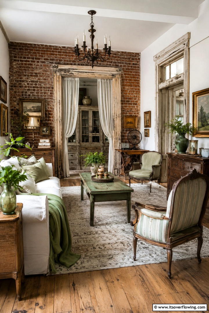 Antique Finds in a Rustic Setting - 30 Rustic Sage Green Living Room Ideas for Earthy Elegance