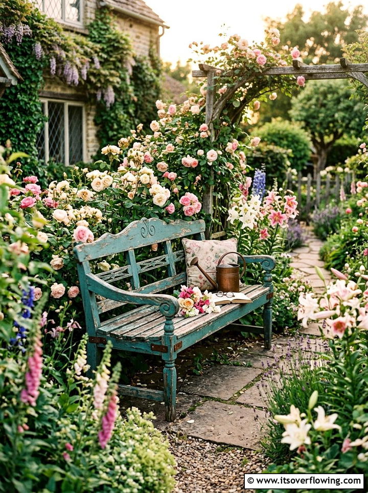 Antique Garden Bench Seating - 25 creative garden ideas with cottage layering