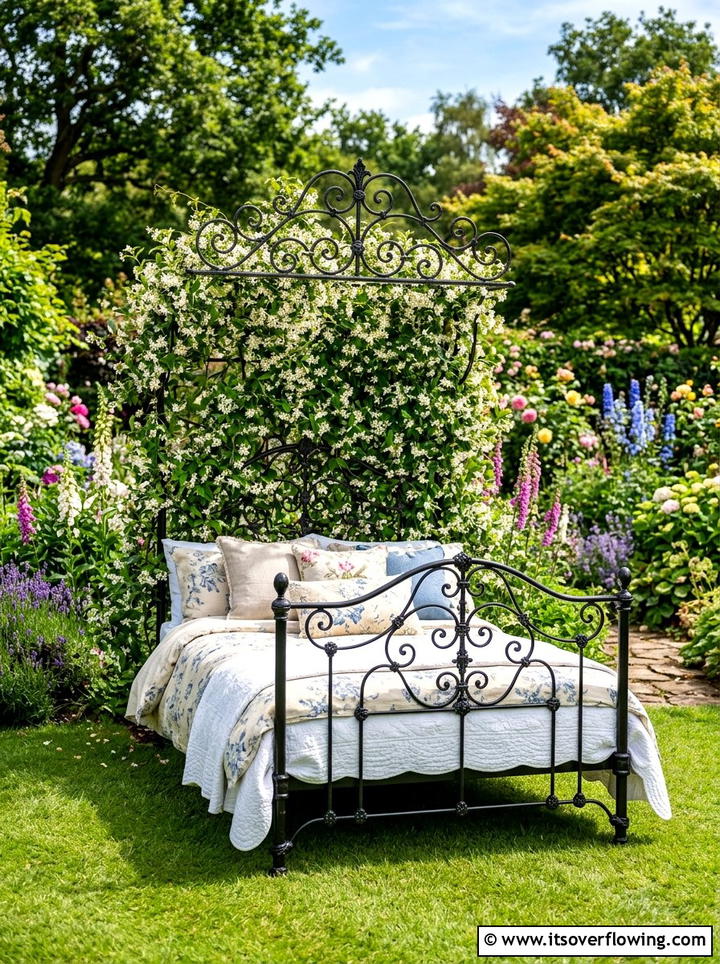 Antique Iron Bed Frame Trellis - 25 upcycled garden ideas with cottage style