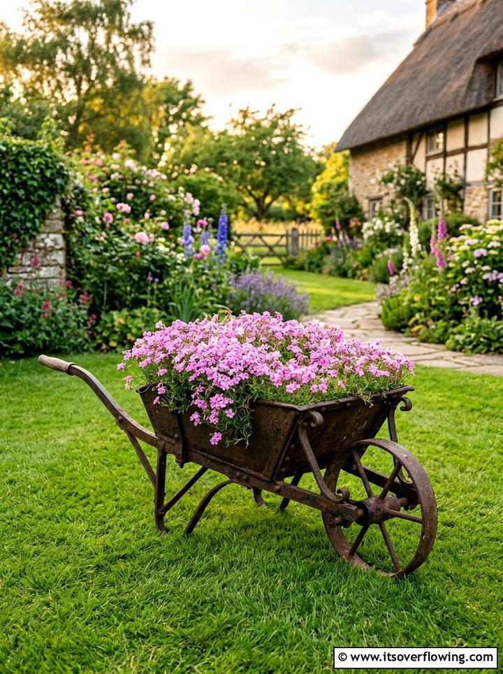 Antique Iron Wheelbarrow - 25 reusing old things ideas for rustic garden look