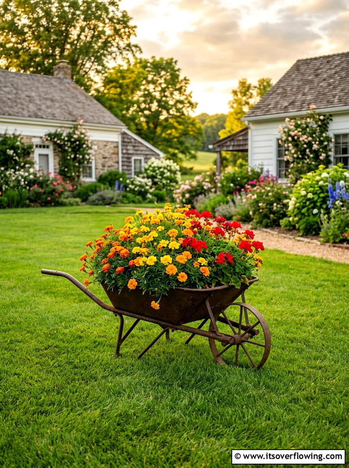 Antique Metal Wheelbarrow - 25 reusing old things ideas for farmhouse garden look