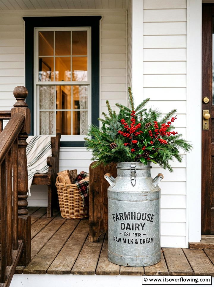 Antique Milk Can Display - 25 front porch ideas with christmas decor