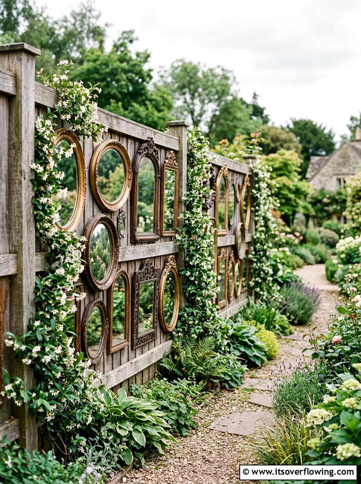 Antique Mirror Fence - 25 recycled garden ideas with mirror pieces