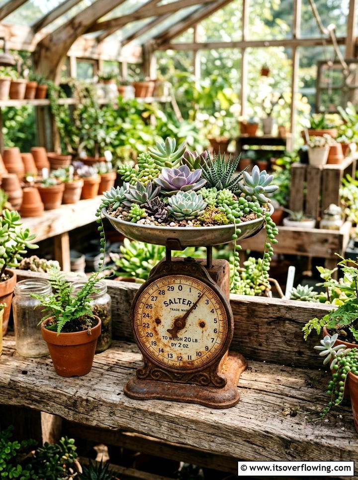 Antique Scale Planter - 25 garden decor ideas with vintage pieces