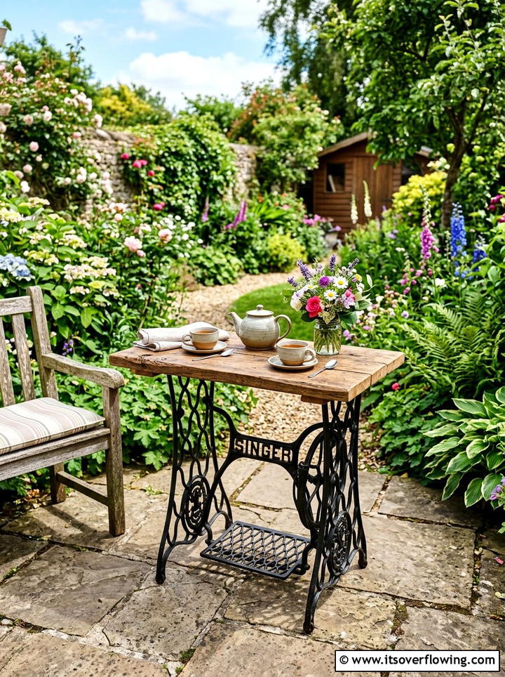 Antique Sewing Machine Stand - 25 garden decor ideas with vintage pieces