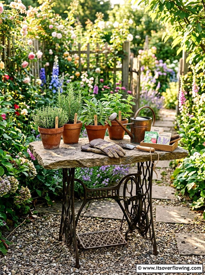 Antique Sewing Machine Table - 25 upcycled garden ideas with cottage style