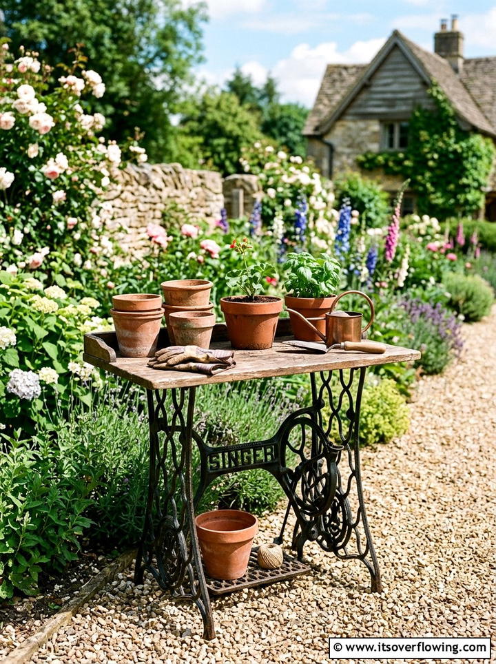Antique Sewing Machine Table Stand - 25 reusing old things ideas for farmhouse garden look